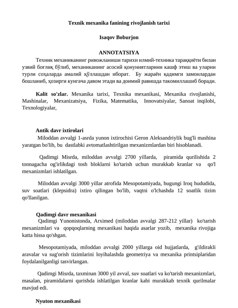 Texnik mexanika fanining rivojlanish tarixi