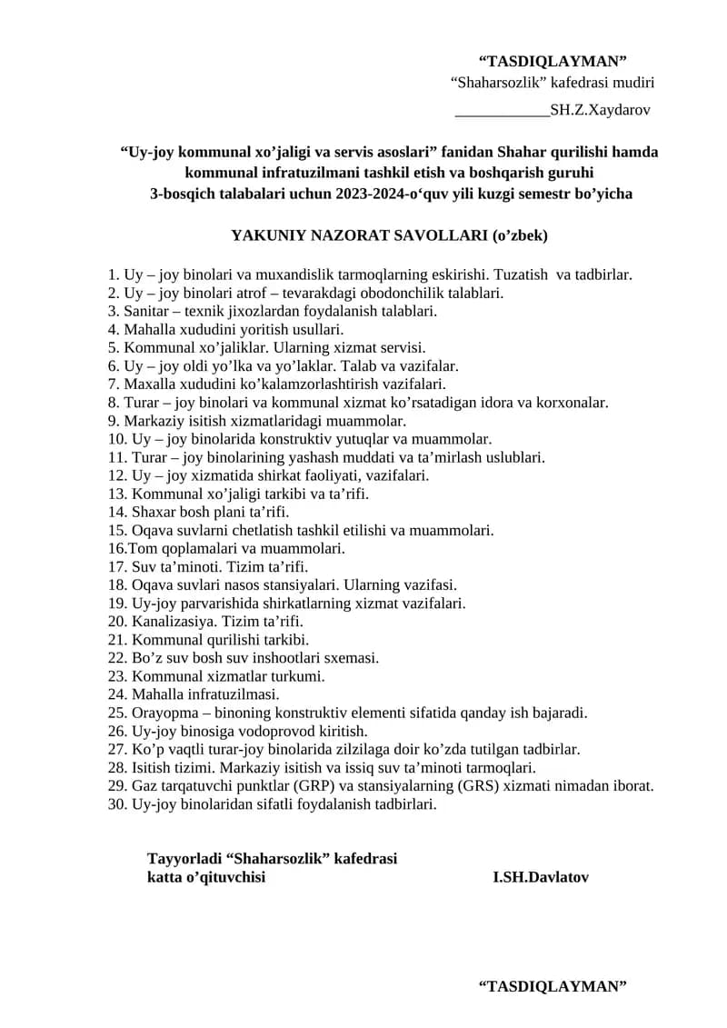 Uy-joy kommunal xo’jaligi va servis asoslari