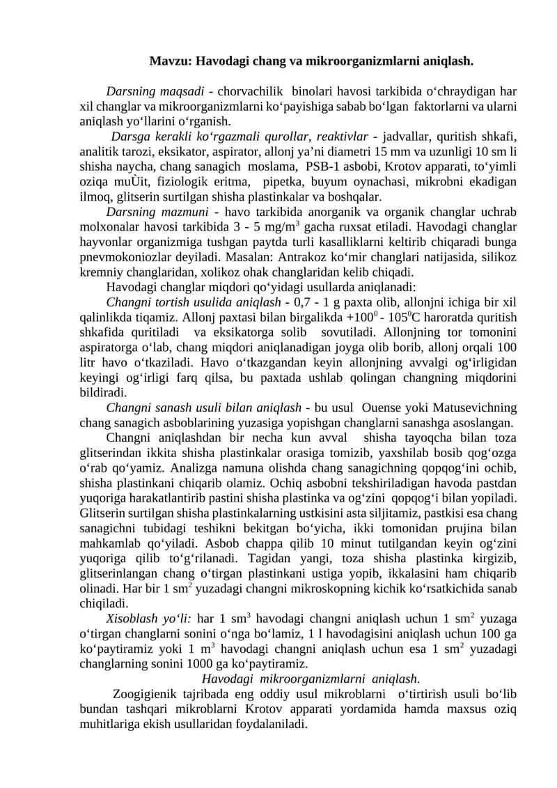 Havodagi chang va mikroorganizmlarni aniqlash