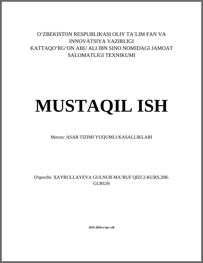 ASAB TIZIMI YUQUMLI KASALLIKLARI