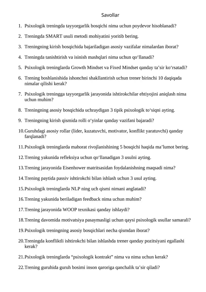 Psixologik trening bo'yicha savollar