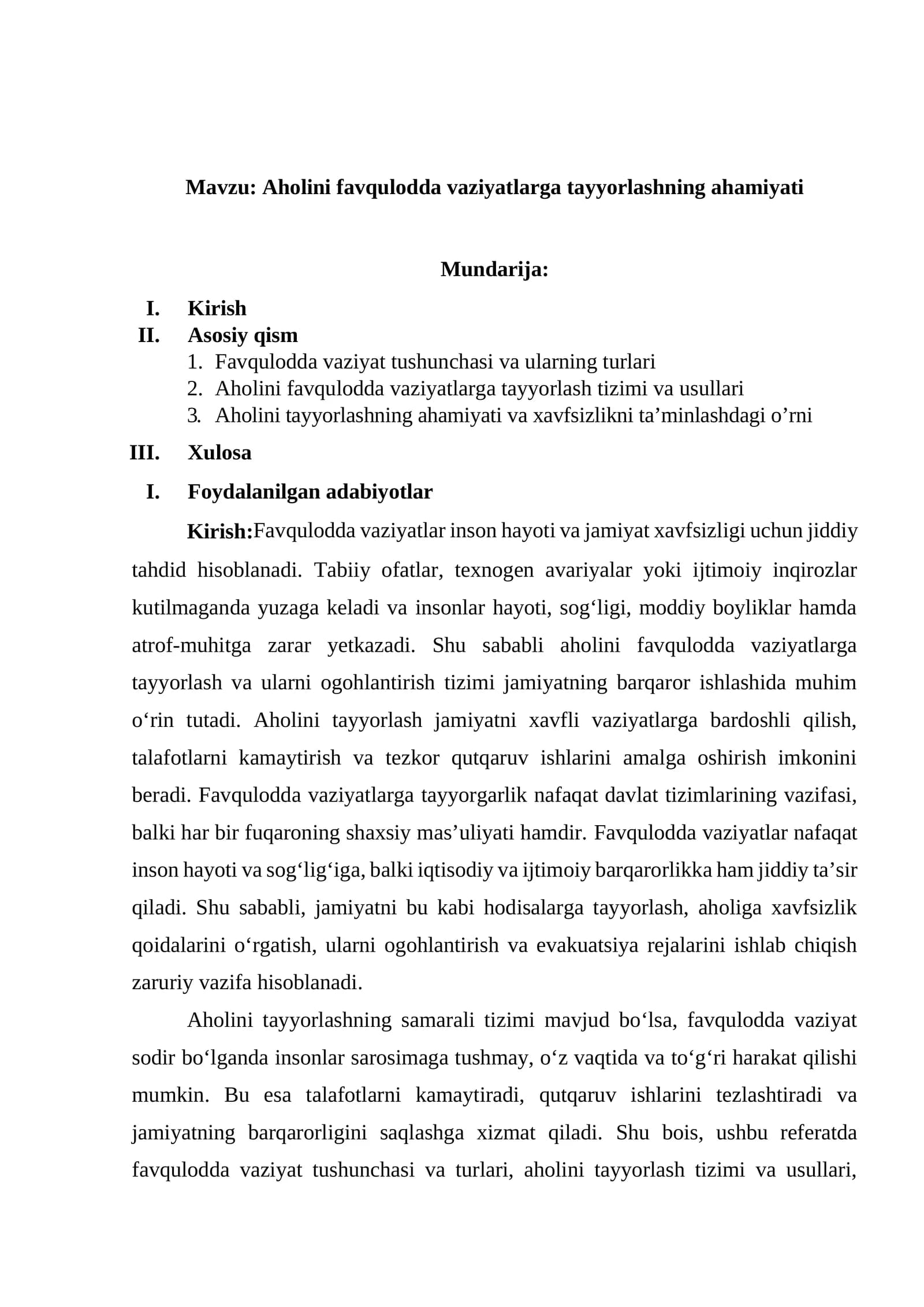 Aholini favqulodda vaziyatlarga tayyorlashning ahamiyati