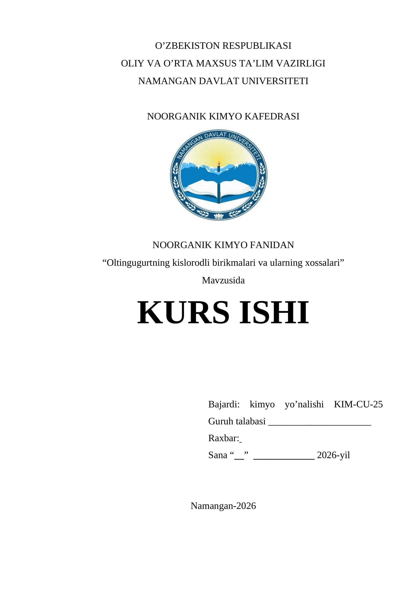 Oltingugurtning kislorodli birikmalari va ularning xossalari