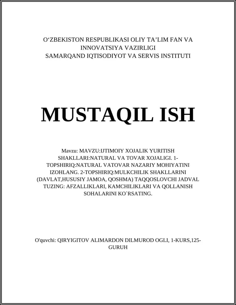 Ijtimoiy Xojalik Yuritish Shakllari: Natural va Tovar Xojaligi