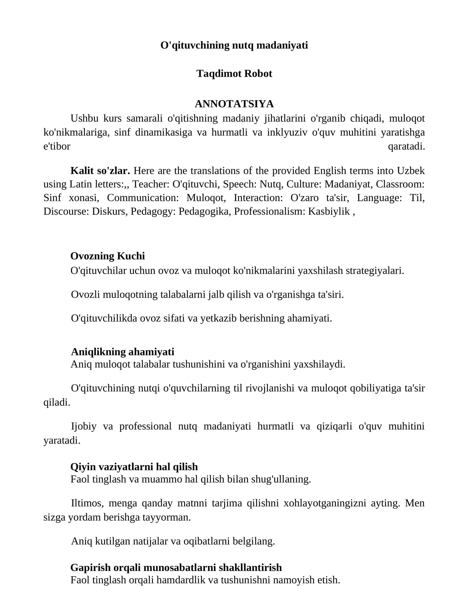 O'qituvchining nutq madaniyati
