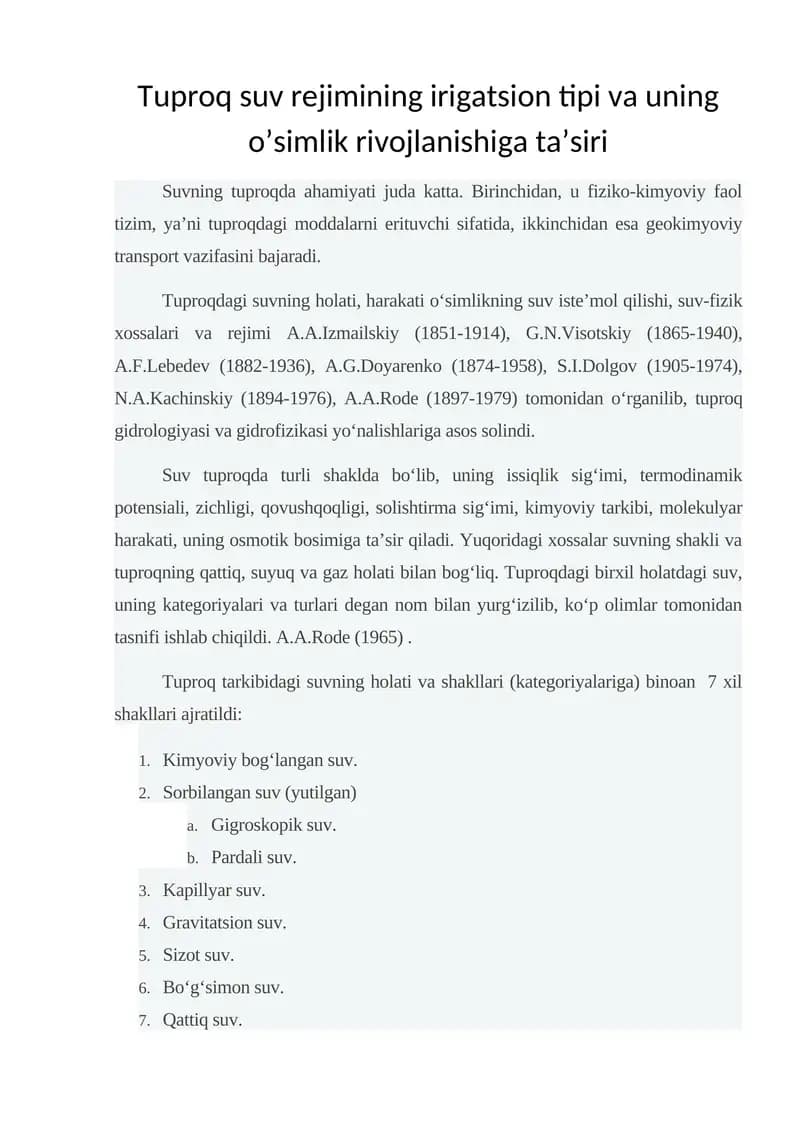Tuproq suv rejimining irigatsion tipi va uning o’simlik rivojlanishiga ta’siri