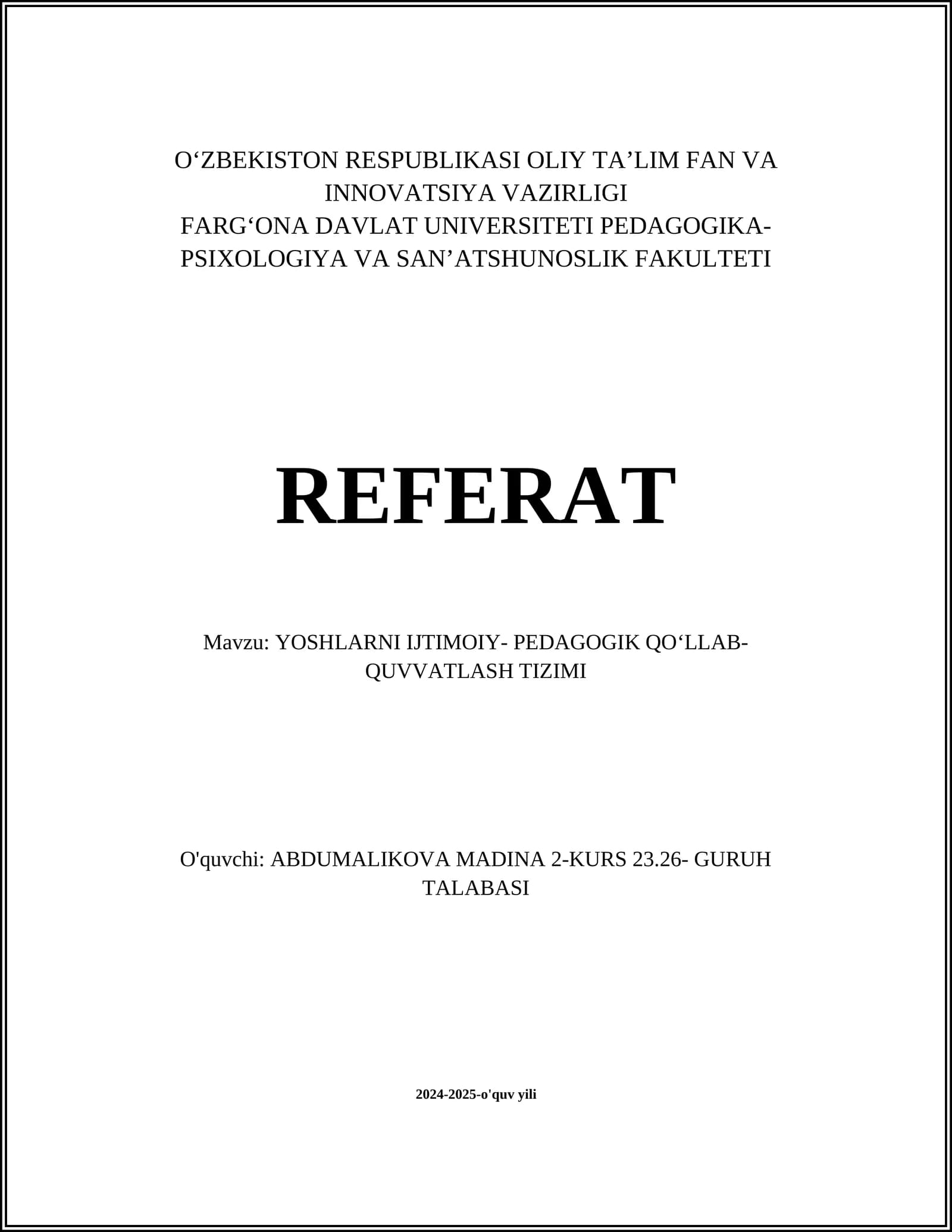 YOSHLARNI IJTIMOIY- PEDAGOGIK QOʻLLAB- QUVVATLASH TIZIMI