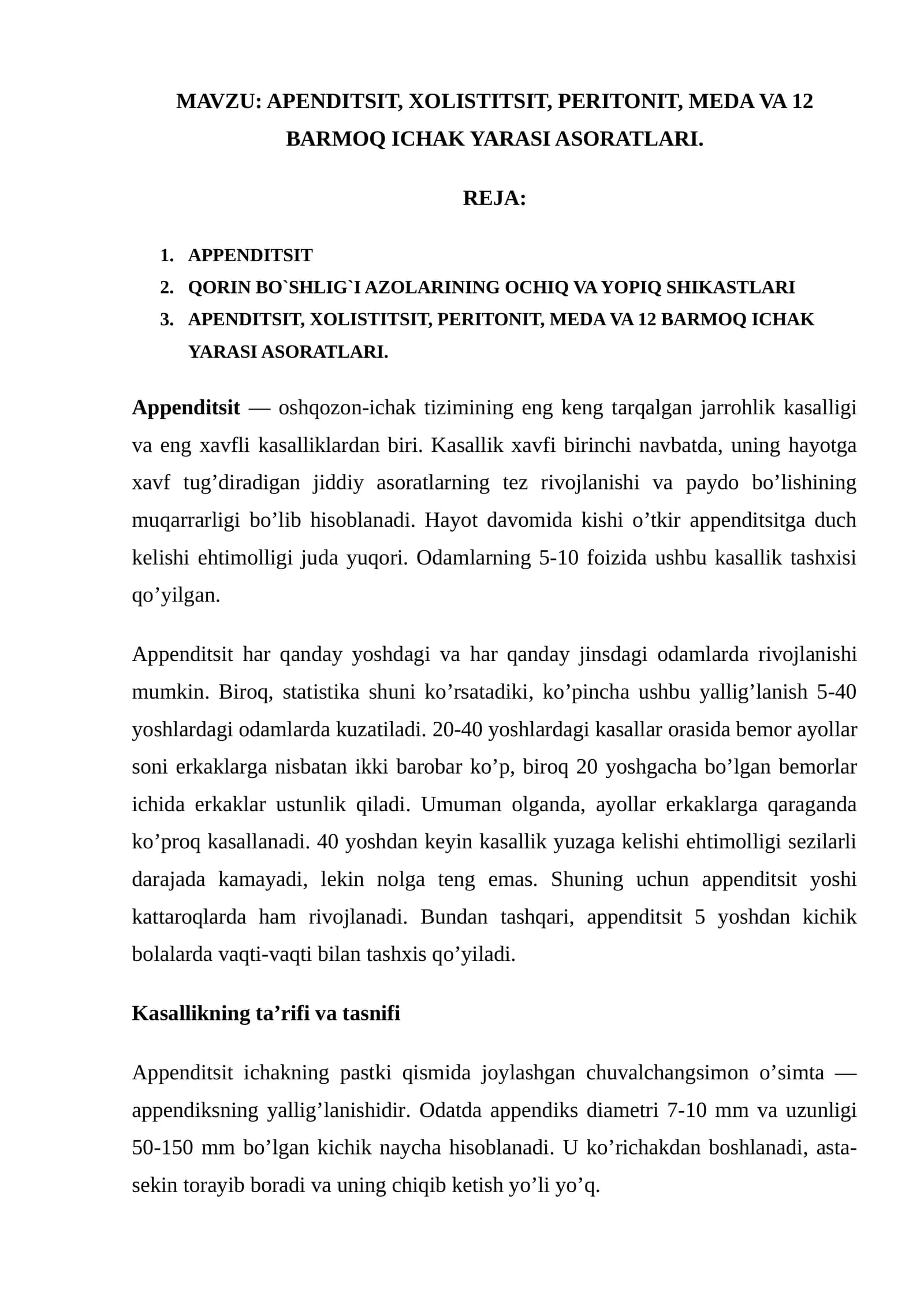 APENDITSIT, XOLISTITSIT, PERITONIT, MEDA VA 12 BARMOQ ICHAK YARASI ASORATLARI