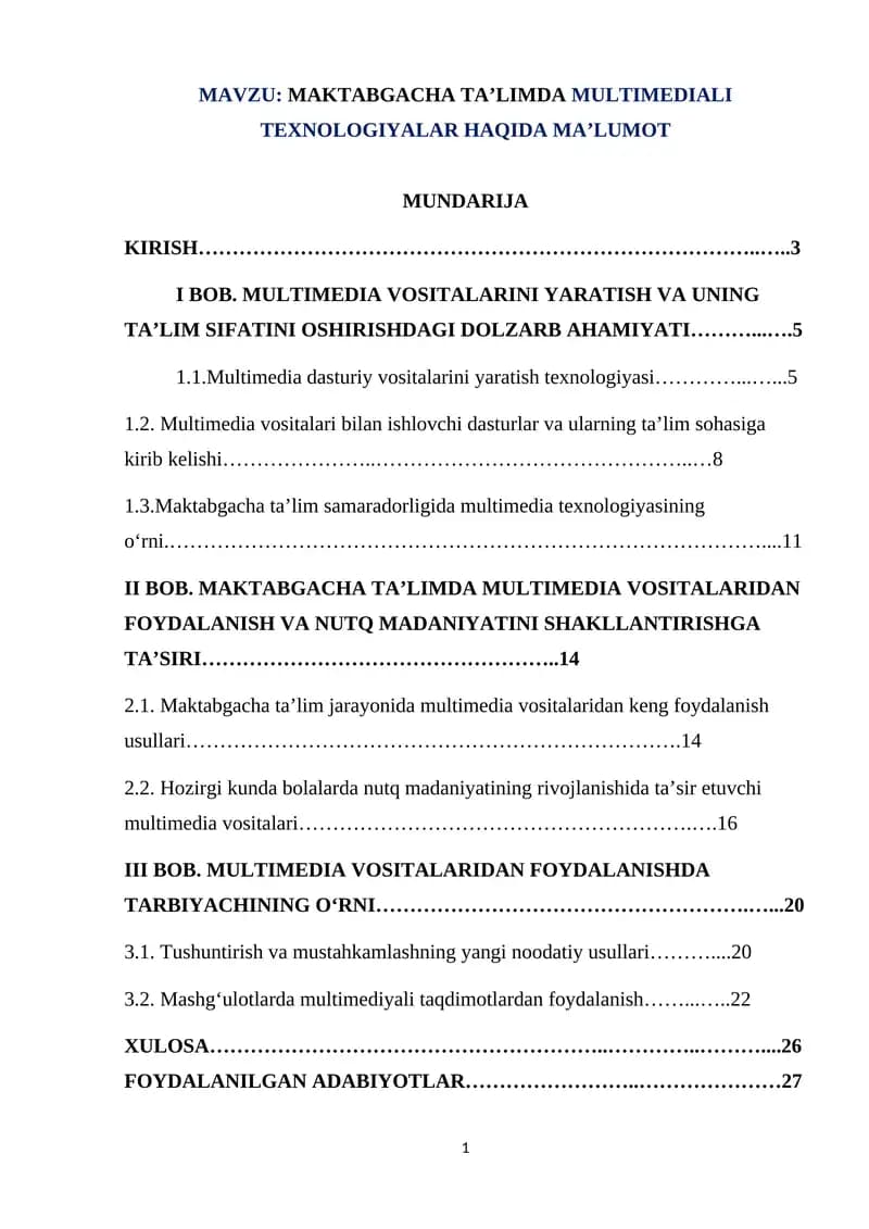 MAKTABGACHA TA’LIMDA MULTIMEDIALI TEXNOLOGIYALAR HAQIDA MA’LUMOT
