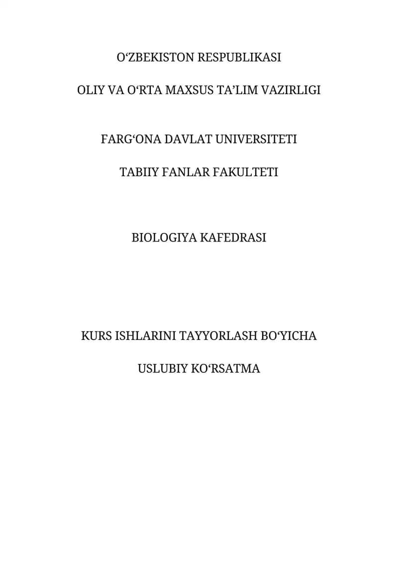 Biologiya o‘qitish metodikasi ta’lim yo‘nalishi o‘quv rejasi va o‘quv dasturi