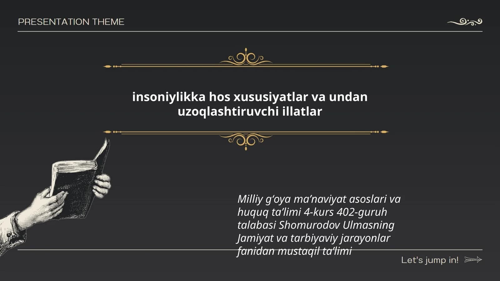 Milliy gʻoya maʼnaviyat asoslari va huquq taʼlimi 4-kurs 402-guruh talabasi Shomurodov Ulmasning Jamiyat va tarbiyaviy jarayonlar fanidan mustaqil taʼlimi