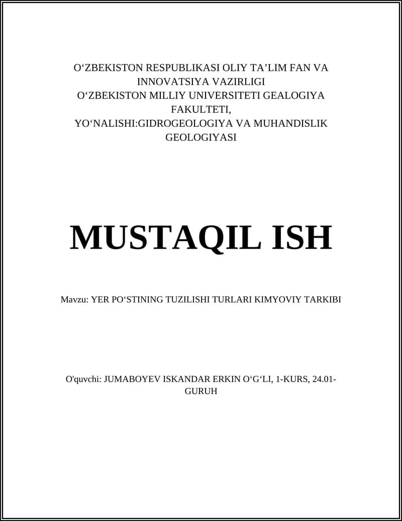 YER POʻSTINING TUZILISHI TURLARI KIMYOVIY TARKIBI