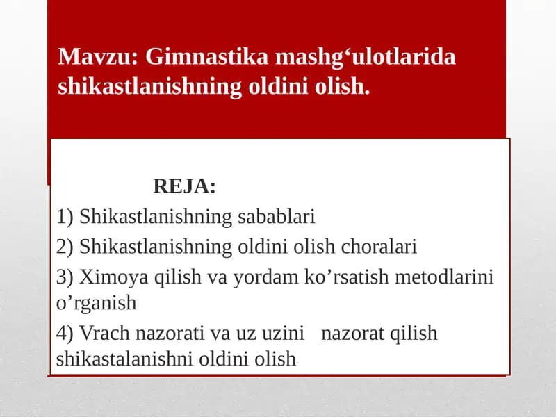 Gimnastika mashg‘ulotlarida shikastlanishning oldini olish