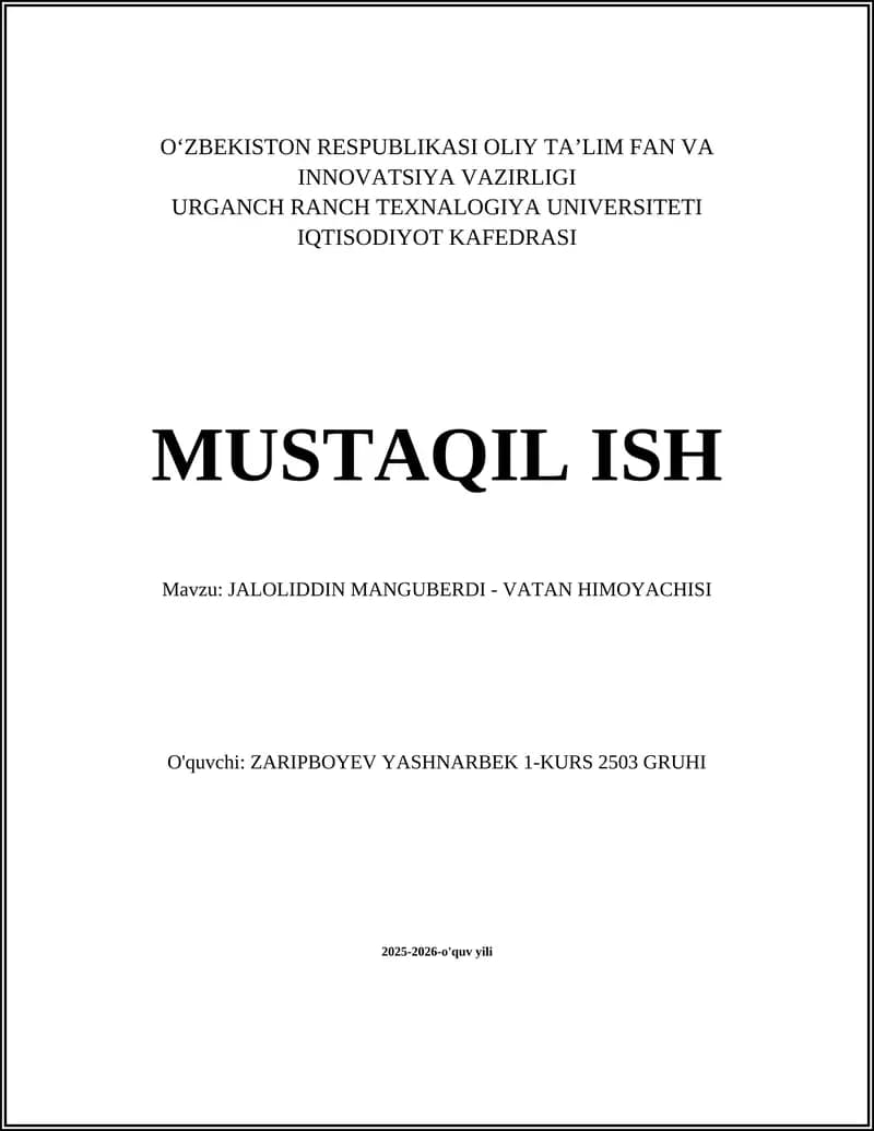 JALOLIDDIN MANGUBERDI - VATAN HIMOYACHISI