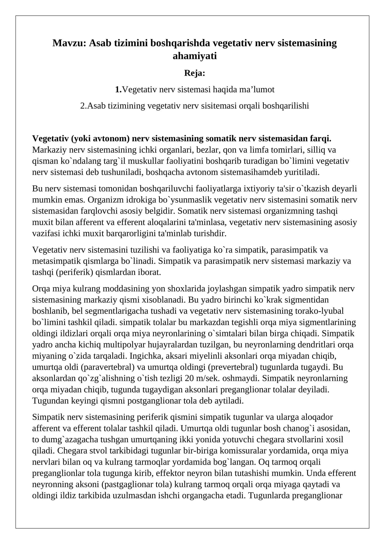 Asab tizimini boshqarishda vegetativ nerv sistemasining ahamiyati