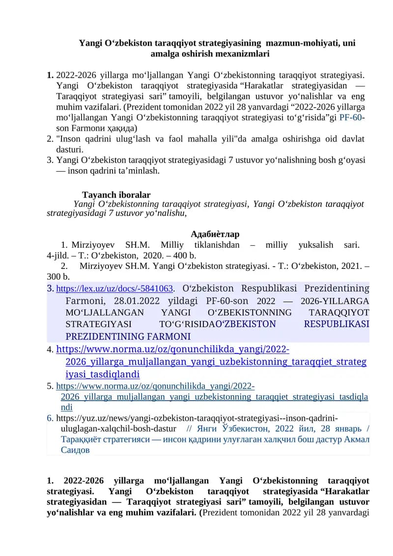 Yangi O‘zbekiston taraqqiyot strategiyasining  mazmun-mohiyati, uni  amalga oshirish mexanizmlari