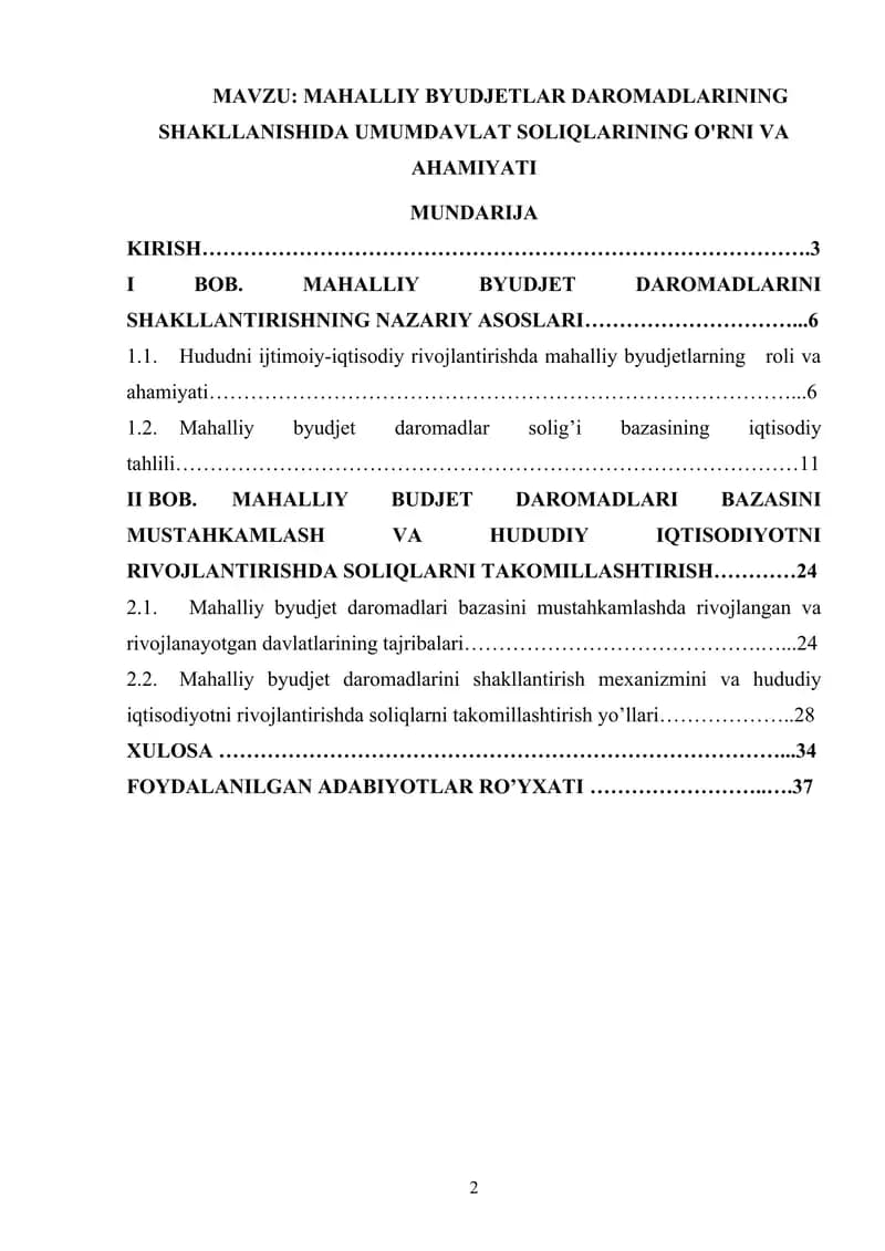 MAHALLIY BYUDJETLAR DAROMADLARINING SHAKLLANISHIDA UMUMDAVLAT SOLIQLARINING O'RNI VA AHAMIYATI