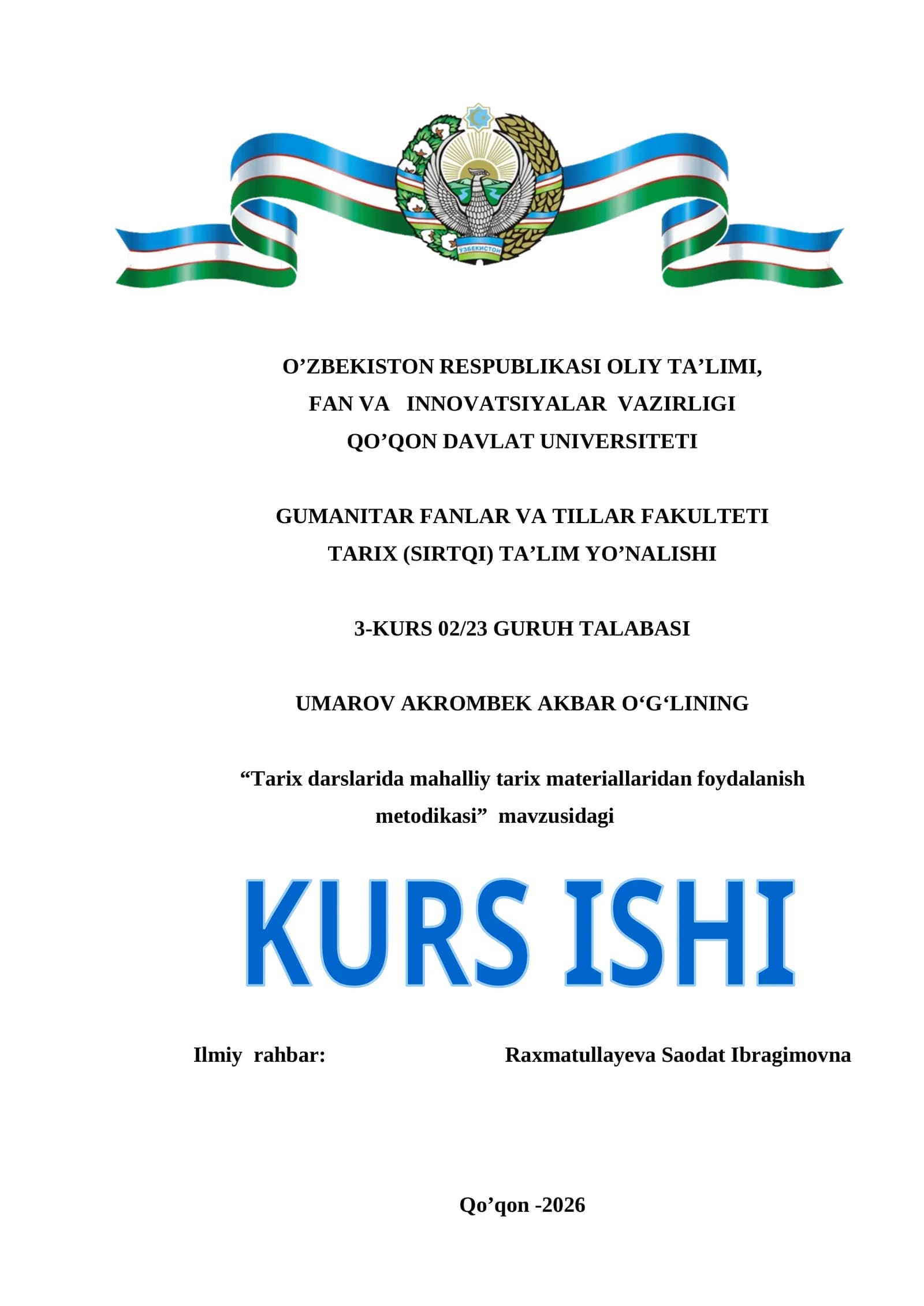 Tarix darslarida mahalliy tarix materiallaridan foydalanish metodikasi