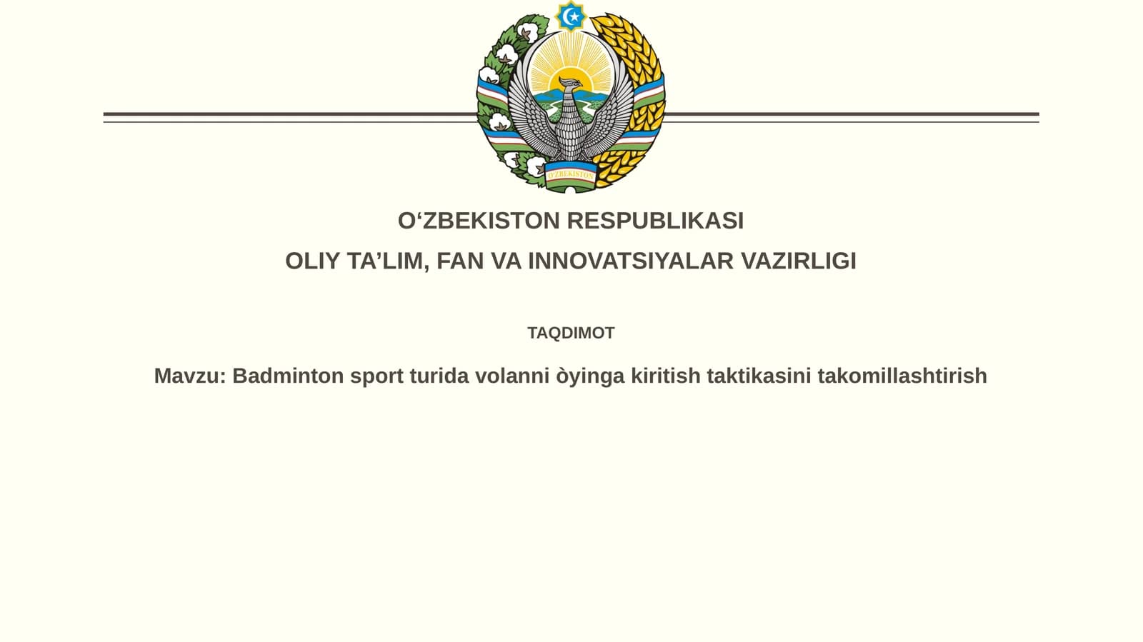 Badminton sport turida davolanni oʻyinga kiritish taktikasini takomillashtirish