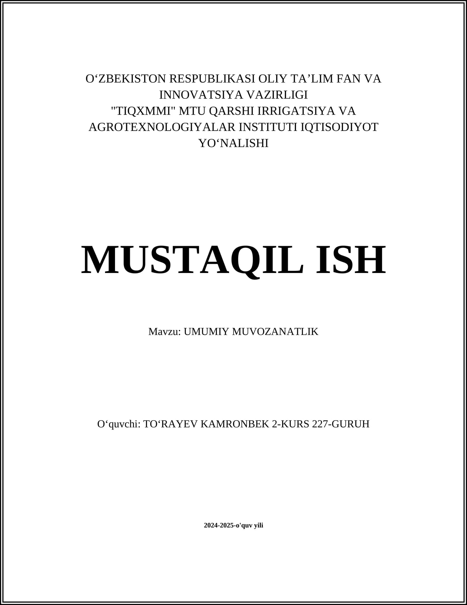 UMUMIY MUVOZANATLIK NAZARIYASI