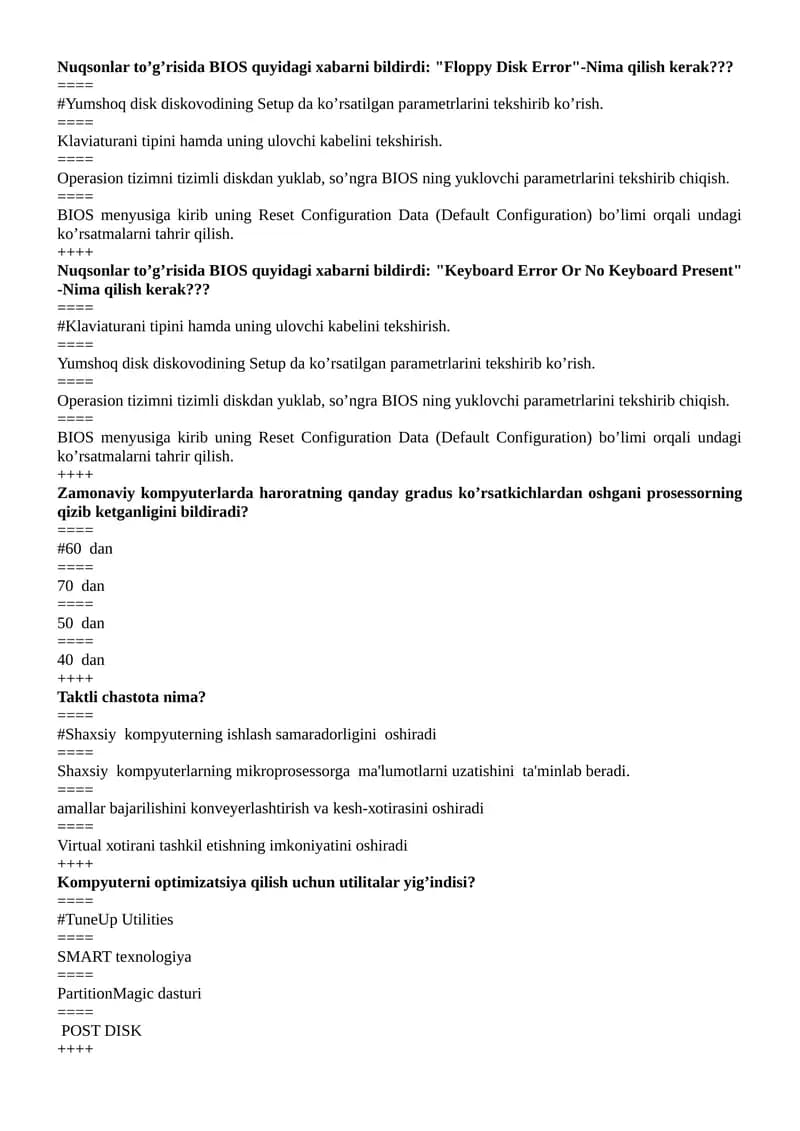 Nuqsonlar to’g’risida BIOS
