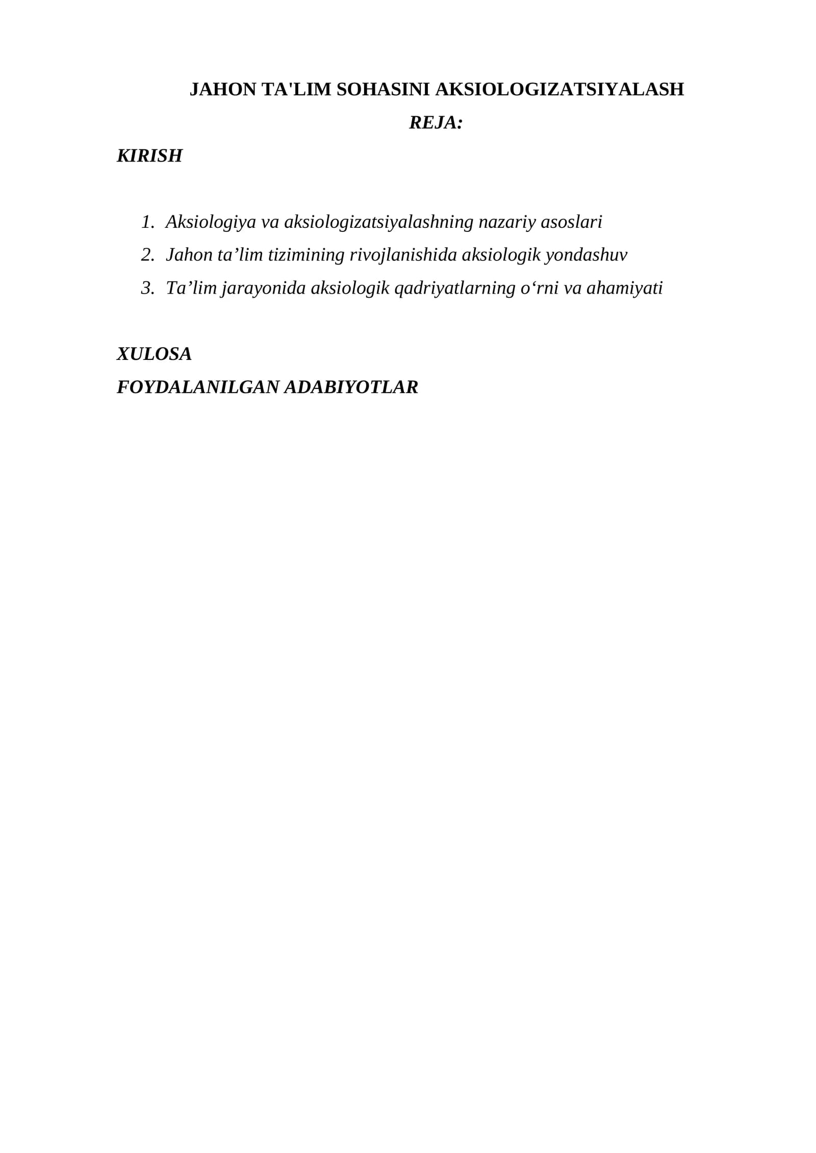 JAHON TA'LIM SOHASINI AKSIOLOGIZATSIYALASH