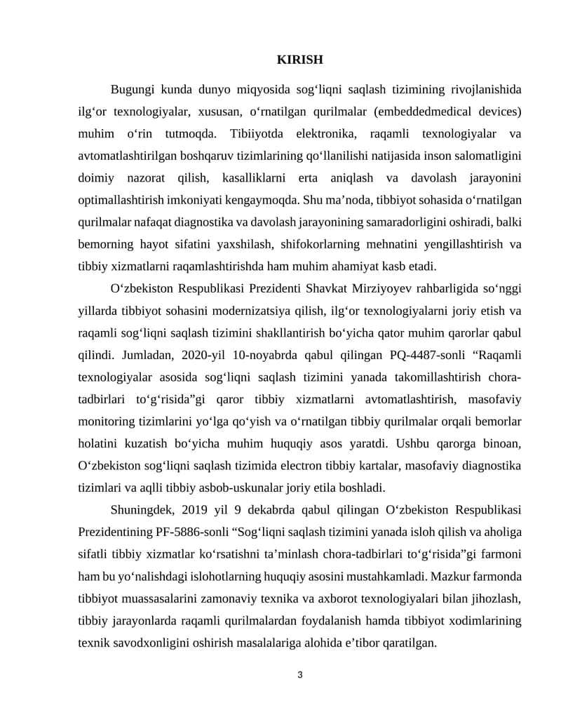 TIBBIYOT SOHASIDA O‘RNATILGAN QURILMALAR VA ULARNING AHAMIYATI