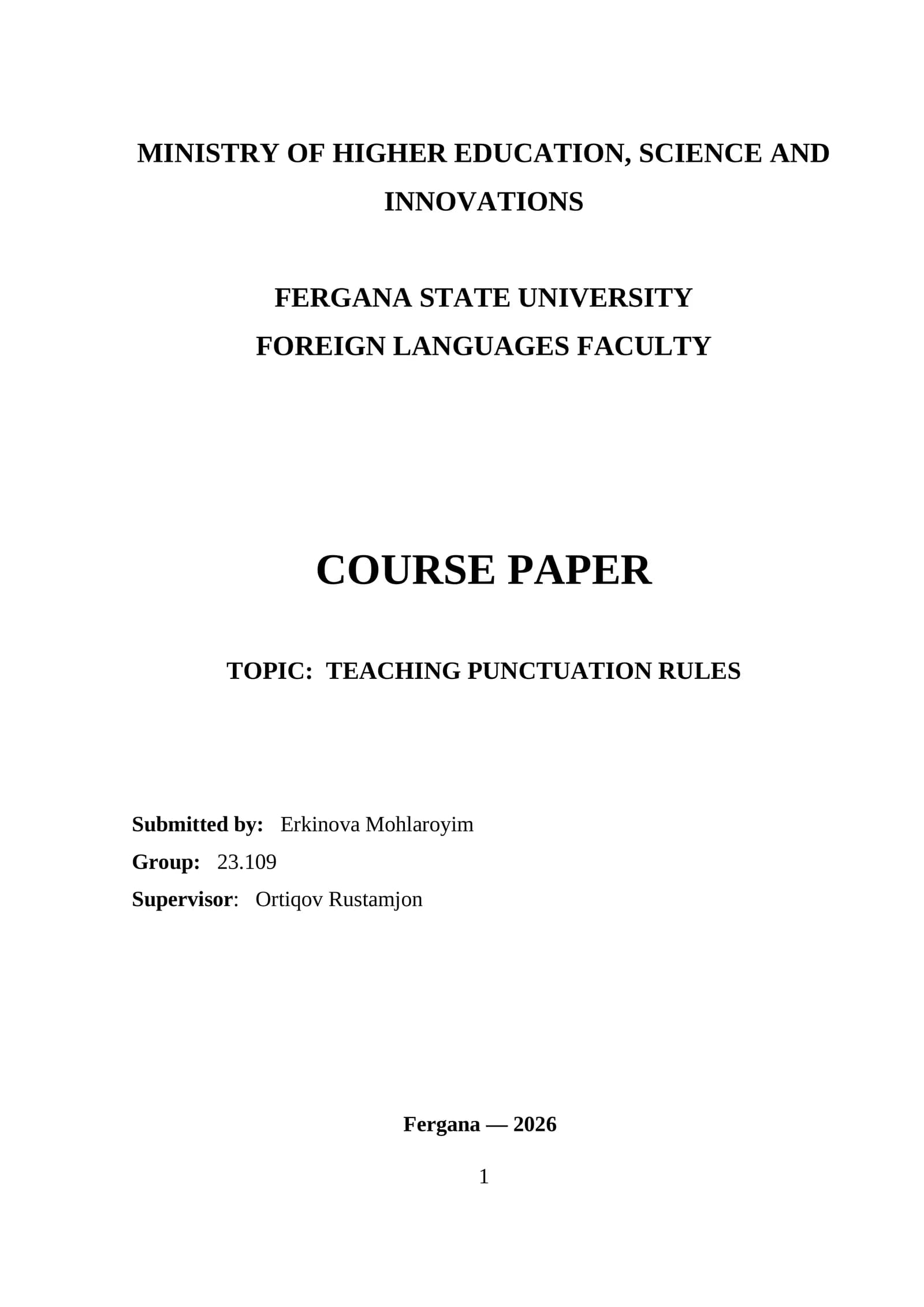 COURSE PAPER ON TEACHING PUNCTUATION RULES