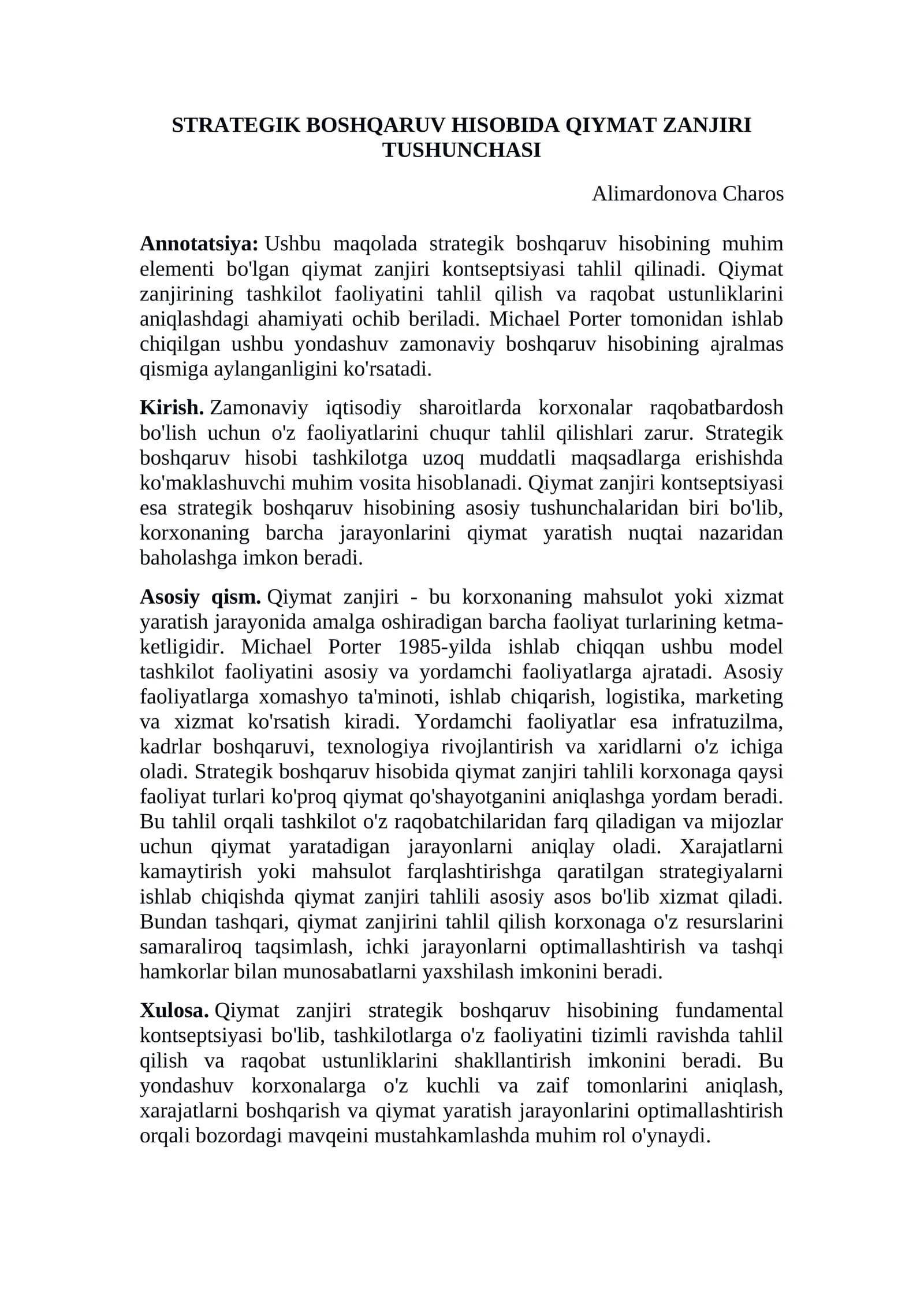 STRATEGIK BOSHQARUV HISOBIDA QIYMAT ZANJIRI TUSHUNCHASI