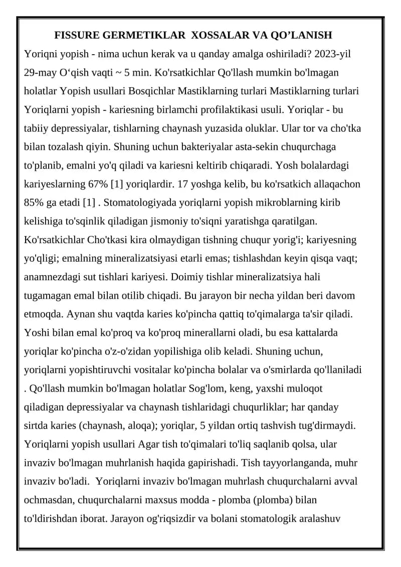 Yoriqlarni yopish - kariesning birlamchi profilaktikasi usuli