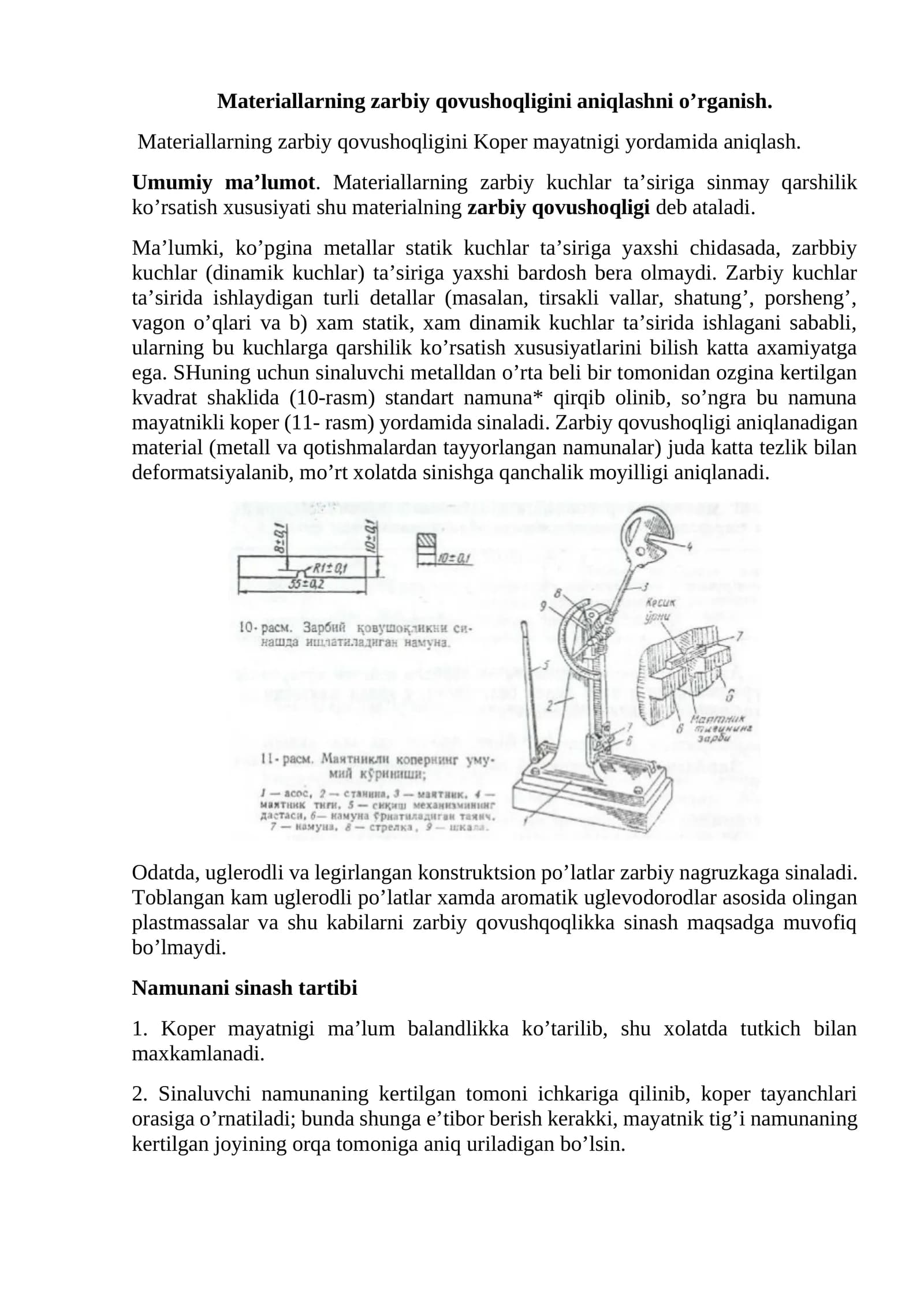 Materiallarning zarbiy qovushoqligini aniqlashni o’rganish