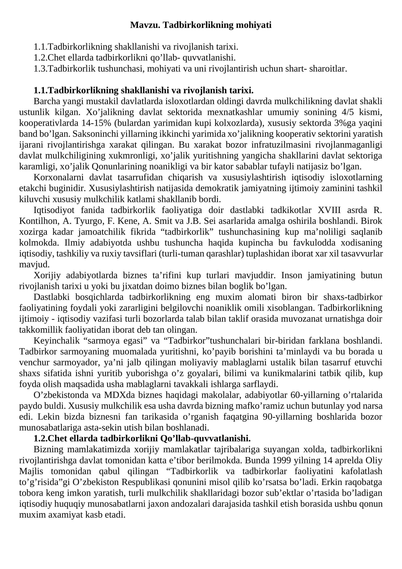 Tadbirkorlikning mohiyati