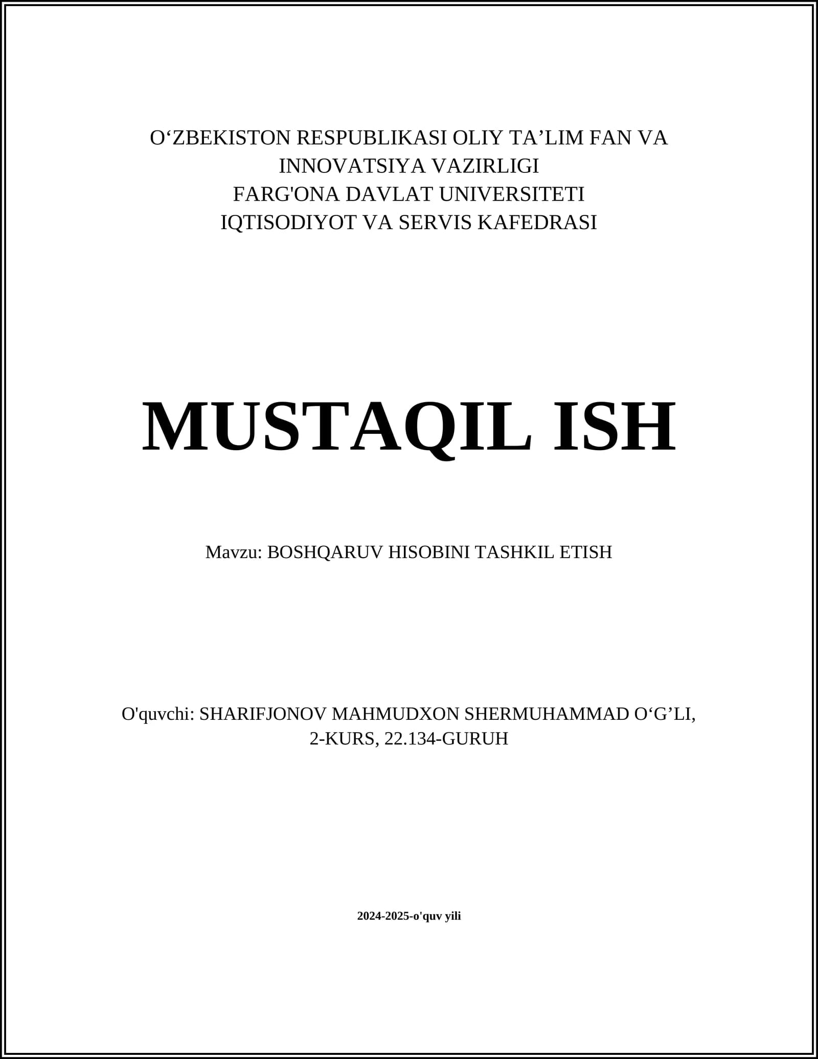BOSHQARUV HISOBINI TASHKIL ETISH
