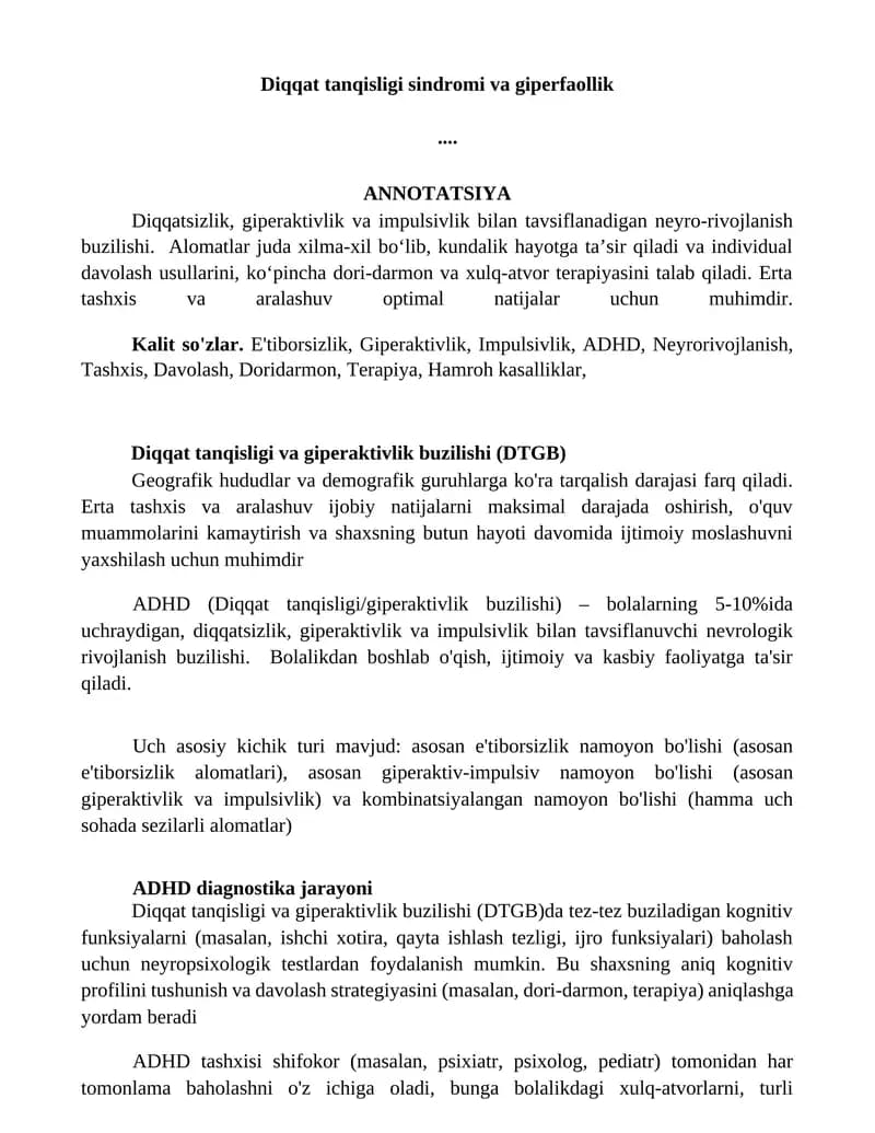 Diqqat tanqisligi va giperaktivlik buzilishi (DTGB)