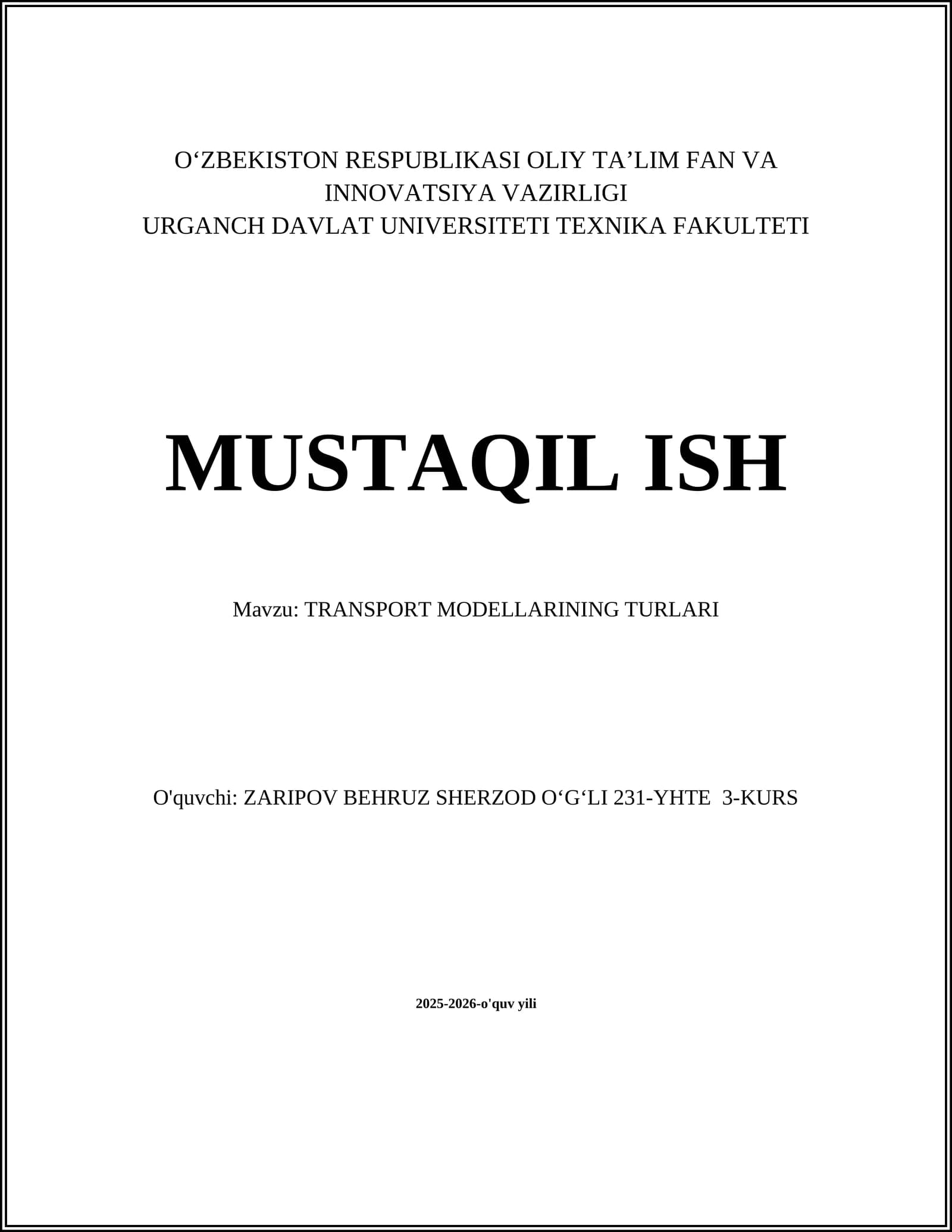 TRANSPORT MODELLARINING TURLARI