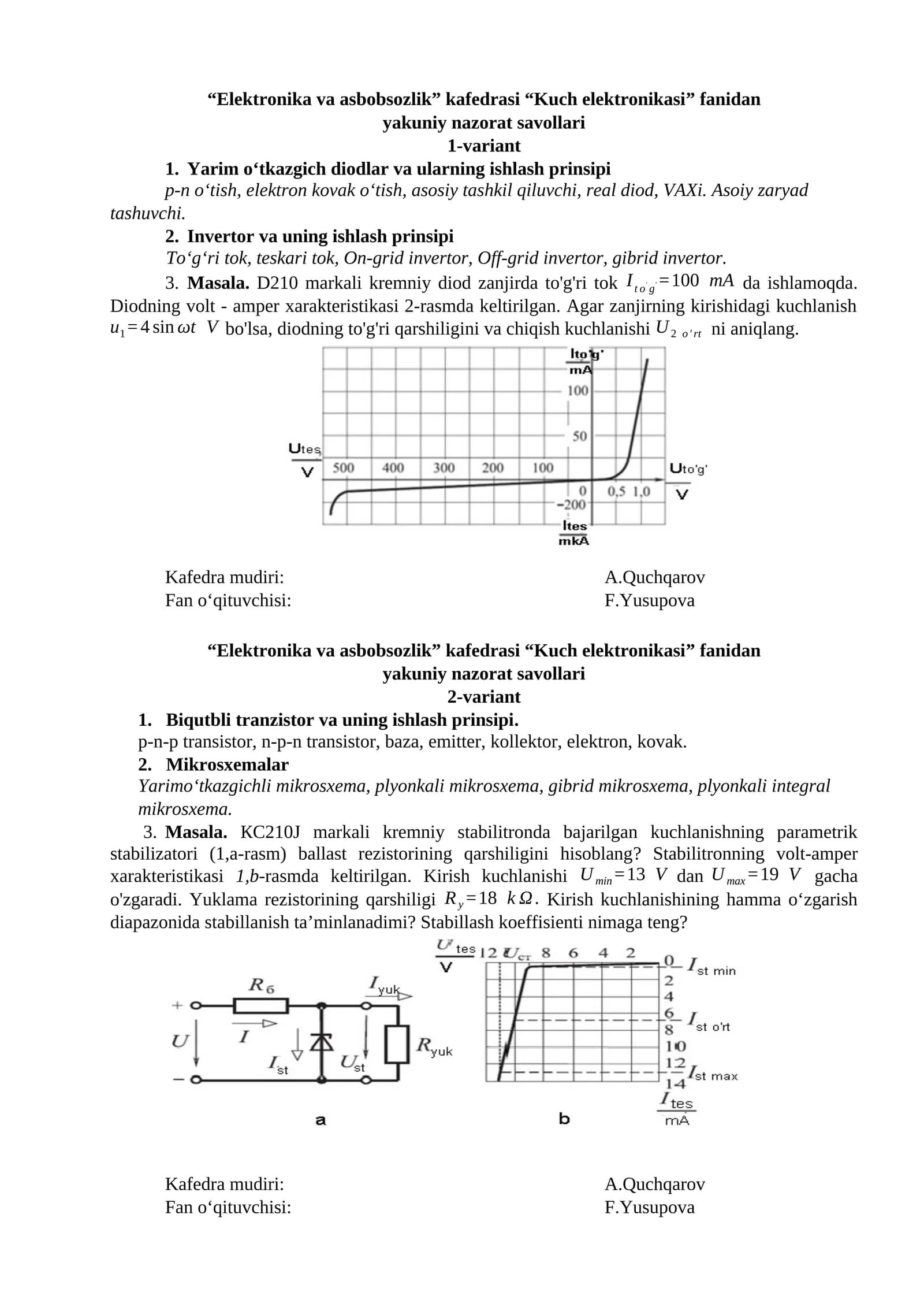 Kuch elektronikasi nazorat savollari