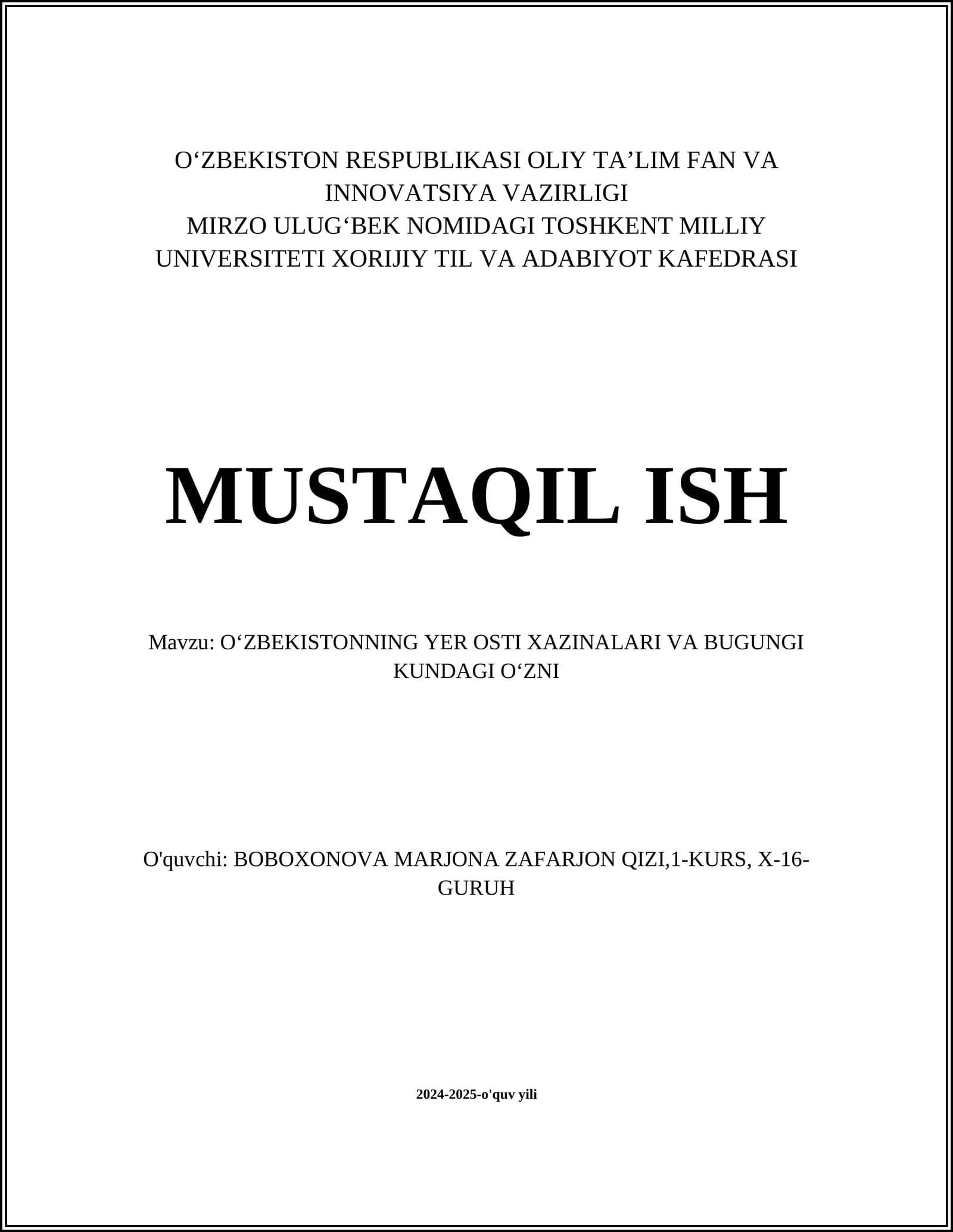 OʻZBEKISTONNING YER OSTI XAZINALARI VA BUGUNGI KUNDAGI OʻZNI