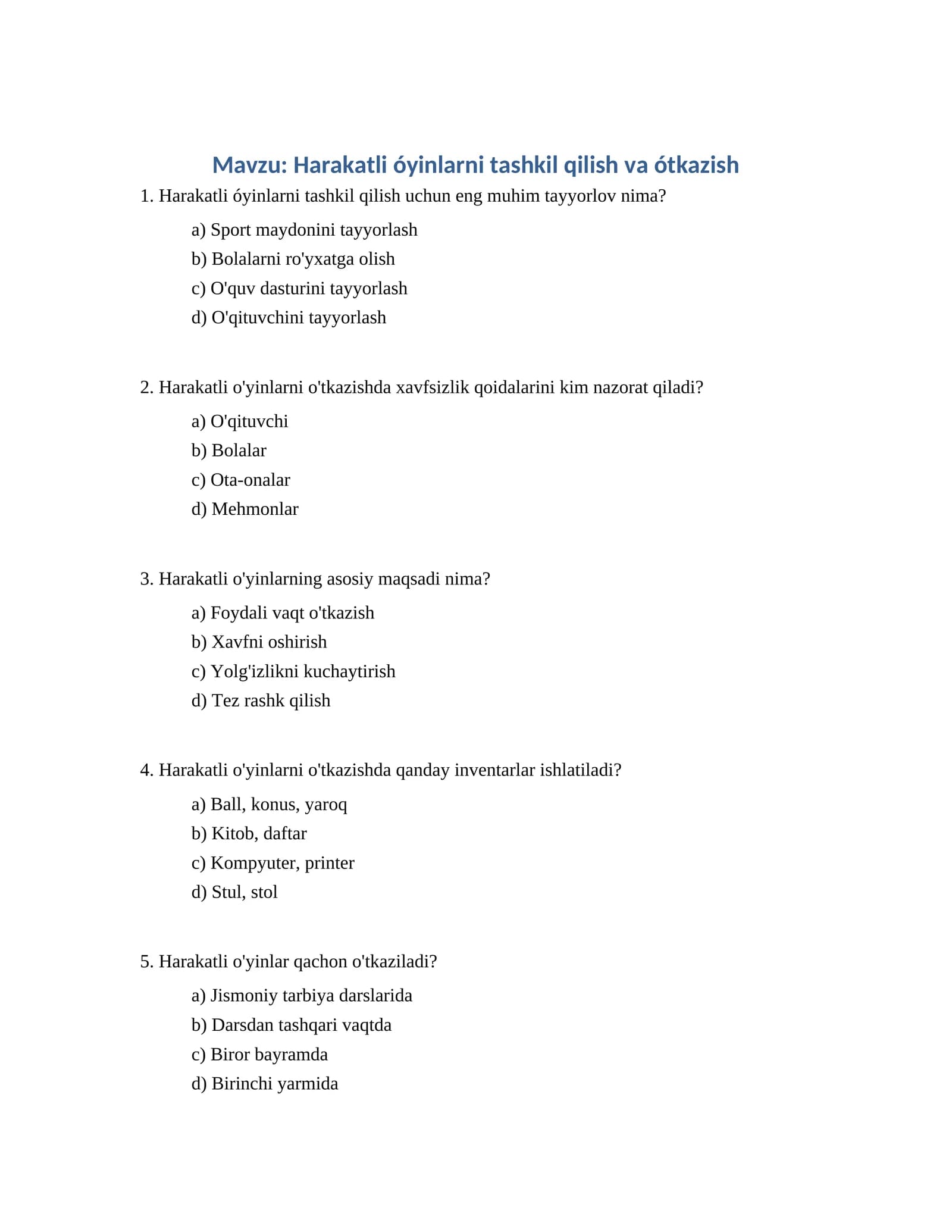 Harakatli óyinlarni tashkil qilish va ótkazish