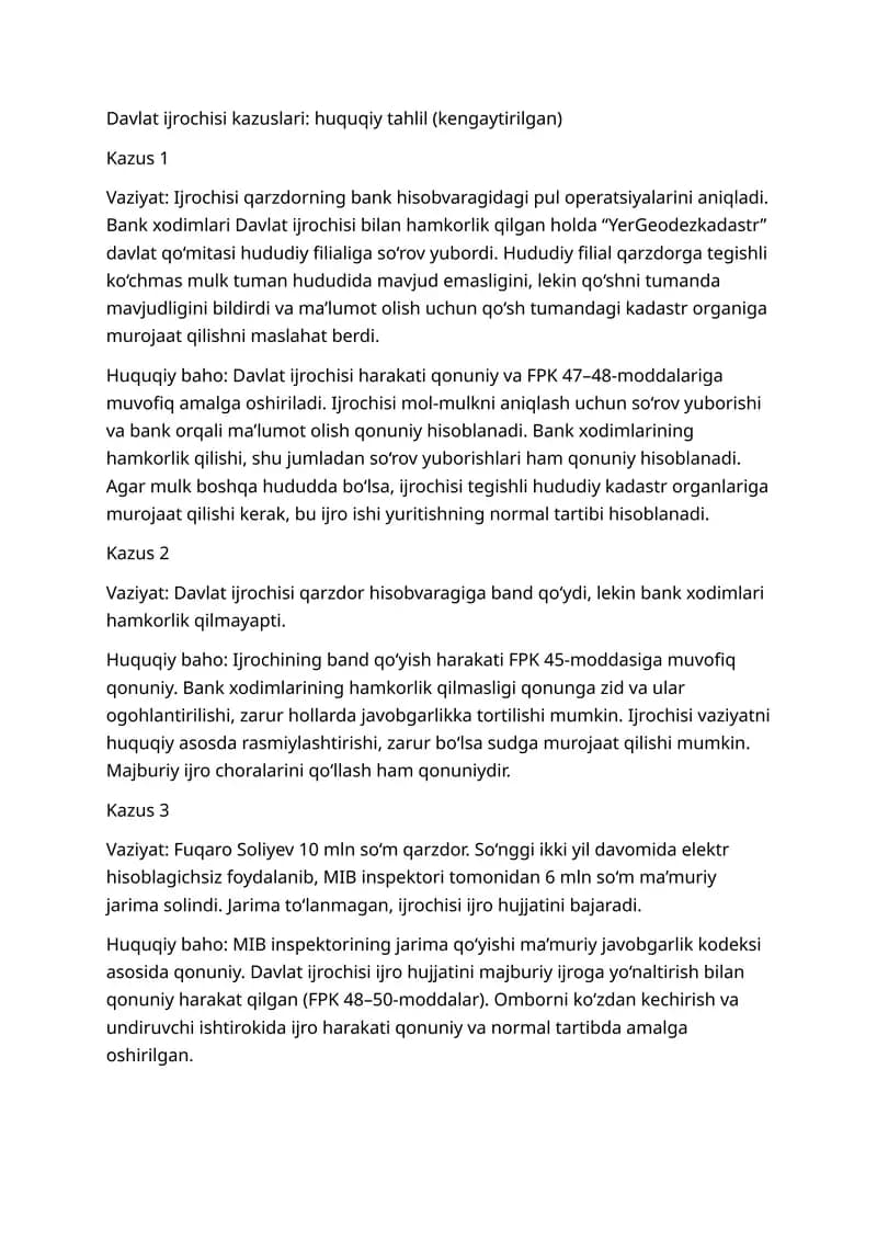 Davlat ijrochisi kazuslari: huquqiy tahlil (kengaytirilgan)