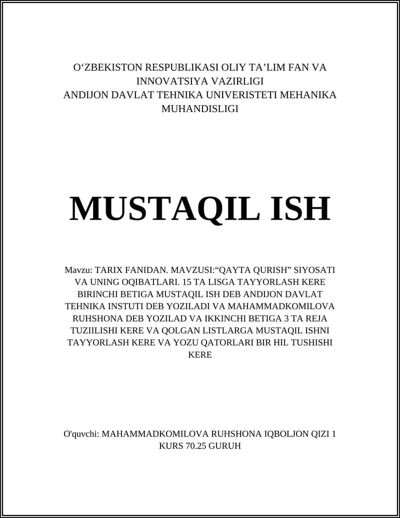 QAYTA QURISH SIYOSATI VA UNING OQIBATLARI