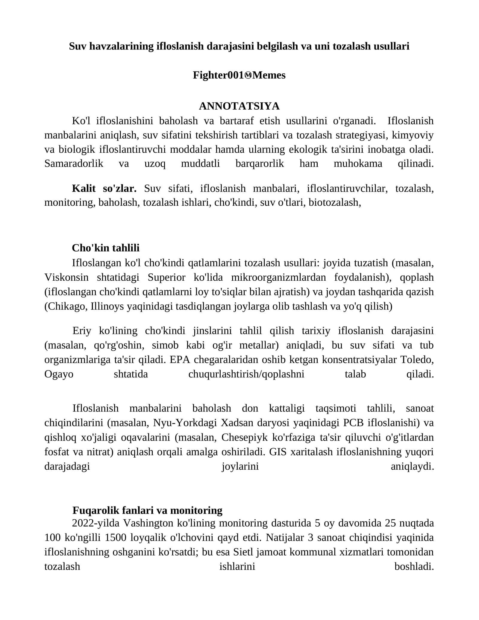 Suv havzalarining ifloslanish darajasini belgilash va uni tozalash usullari