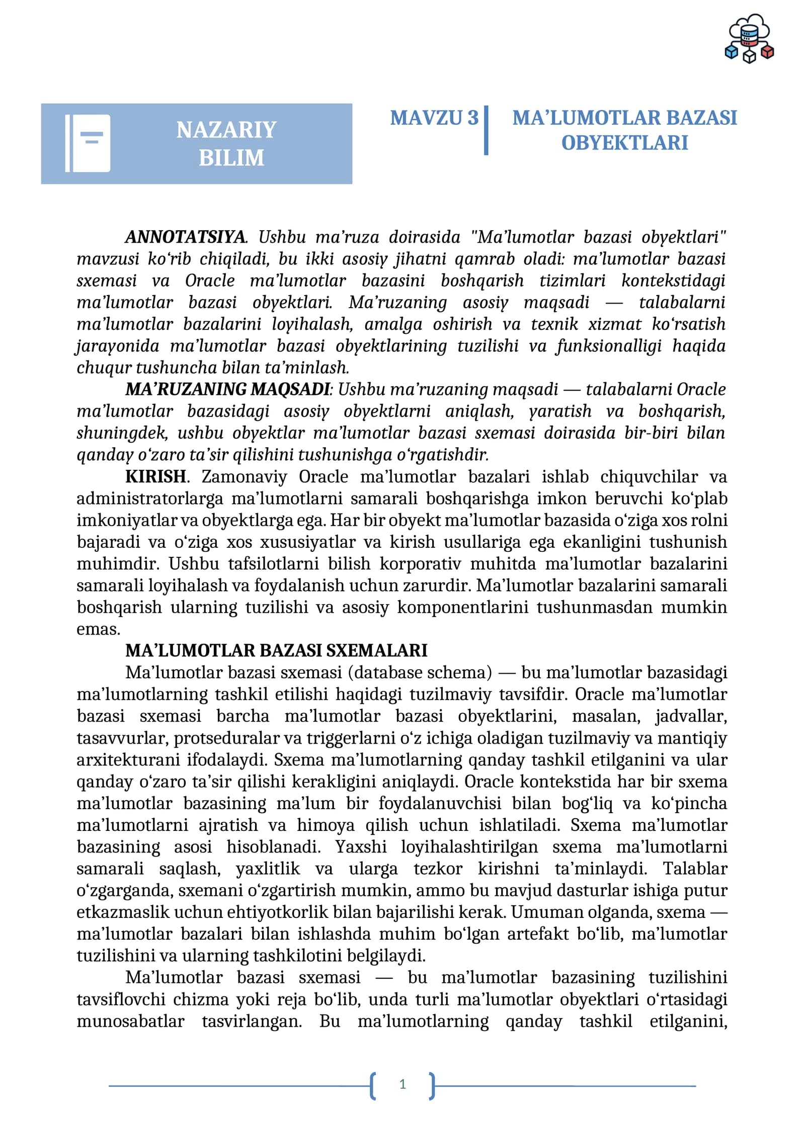 MA'LUMOTLAR BAZASI OBYEKTLARI