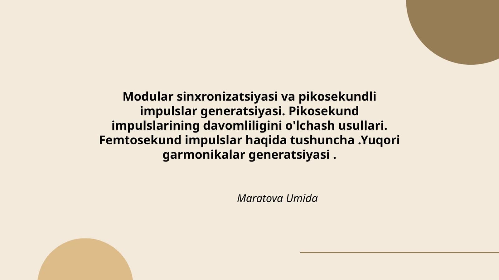 Modular sinxronizatsiyasi va pikosekundli impulslar generatsiyasi