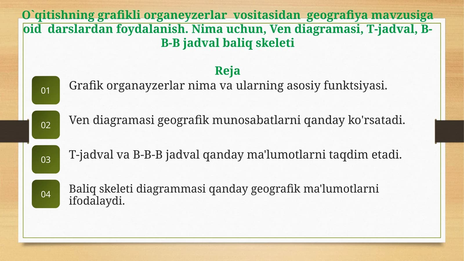 O`qitishninggrafikliorganeyzerlarvositasidangeografiyamavzusigaoiddarslardanfoydalanish