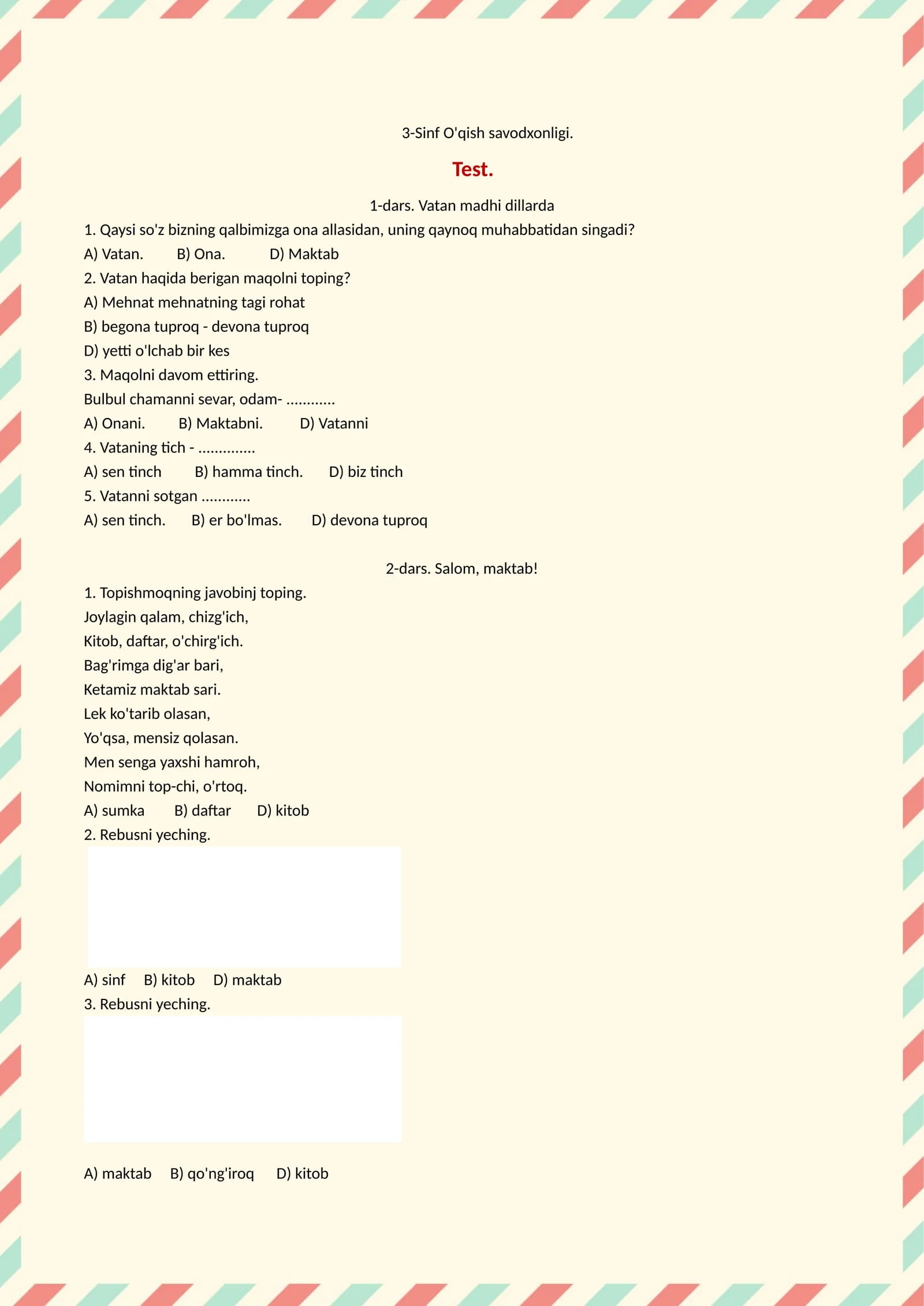 3-Sinf O'qish savodxonligi. Test