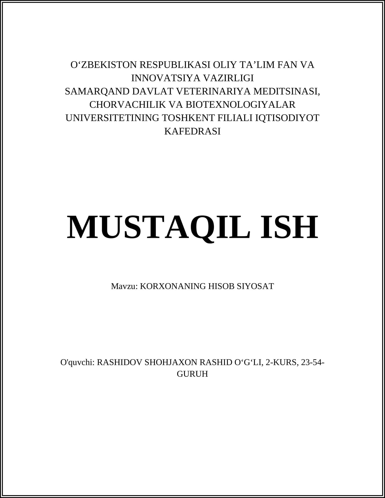 KORXONANING HISOB SIYOSAT