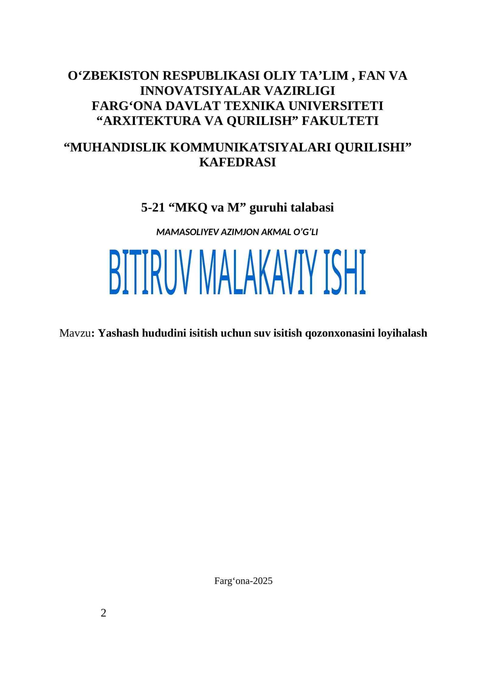 Yashash hududini isitish uchun suv isitish qozonxonasini loyihalash