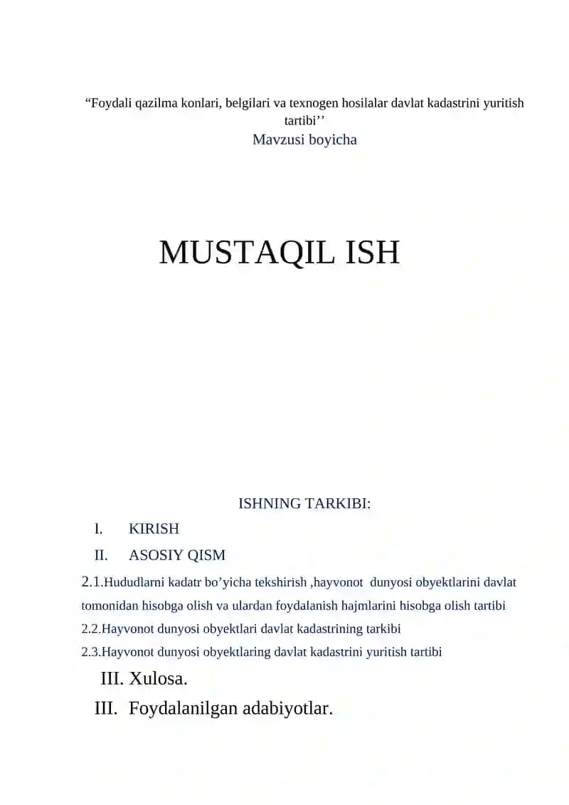 Hayvonot dunyosi obyektlari davlat kadastrini yuritish tartibi