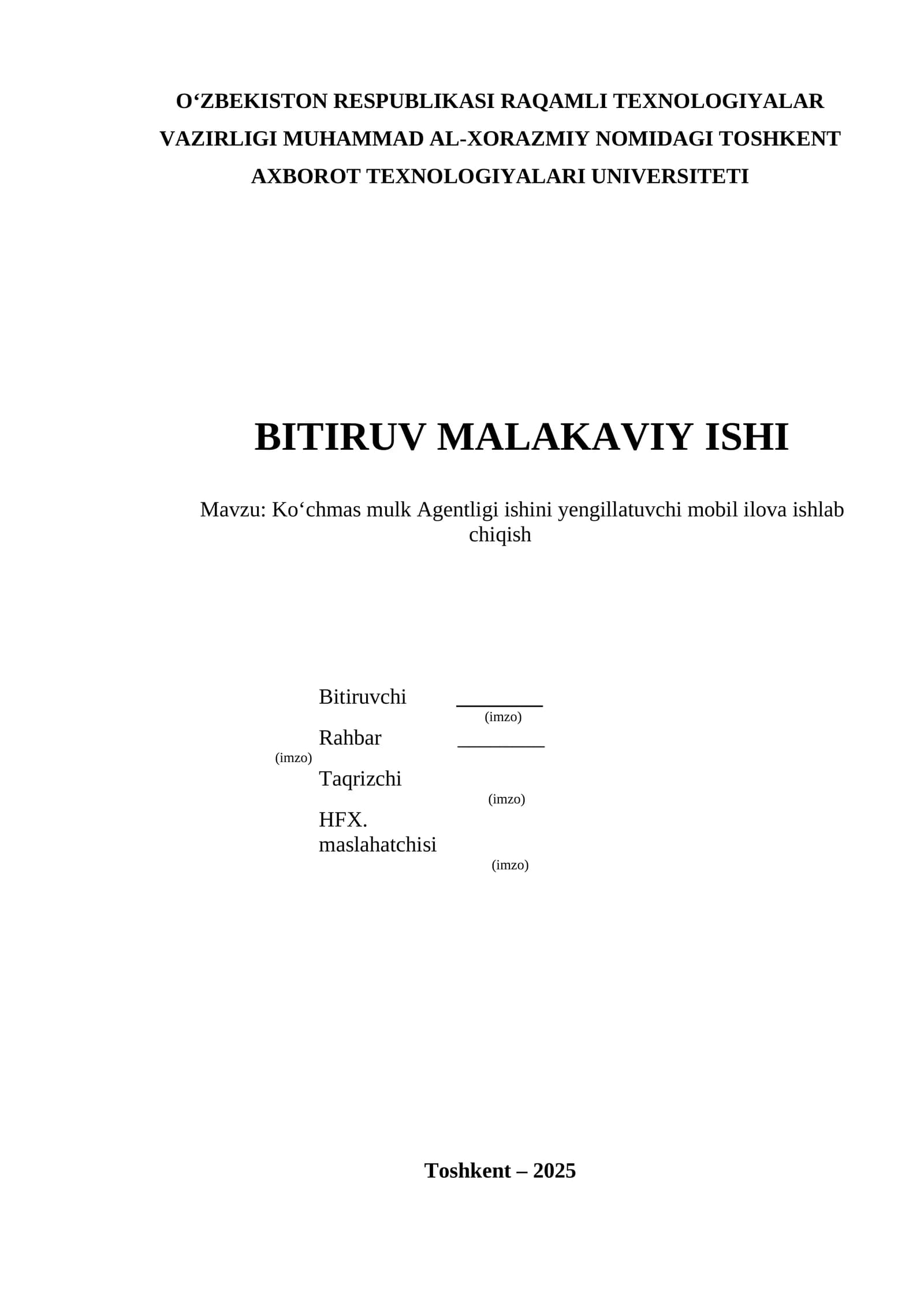 Ko‘chmas mulk Agentligi ishini yengillatuvchi mobil ilova ishlab chiqish