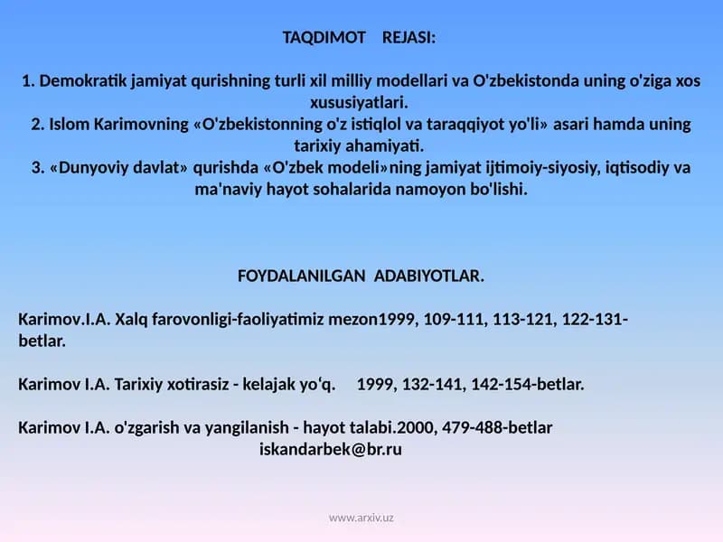 O'zbekistonning o'z istiqlol va taraqqiyot yo'li